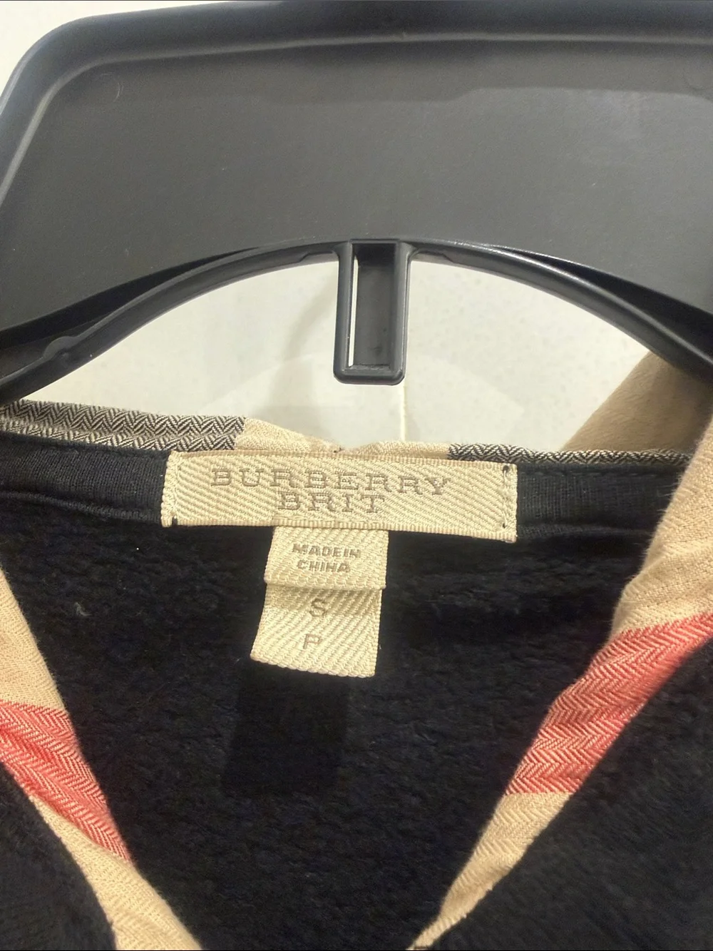 Burberry Brit Women’s Black Hoodie with Burberry Plaid Hood Lining sz S